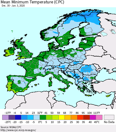 Europe Mean Minimum Temperature (CPC) Thematic Map For 12/30/2019 - 1/5/2020