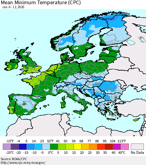 Europe Mean Minimum Temperature (CPC) Thematic Map For 1/6/2020 - 1/12/2020