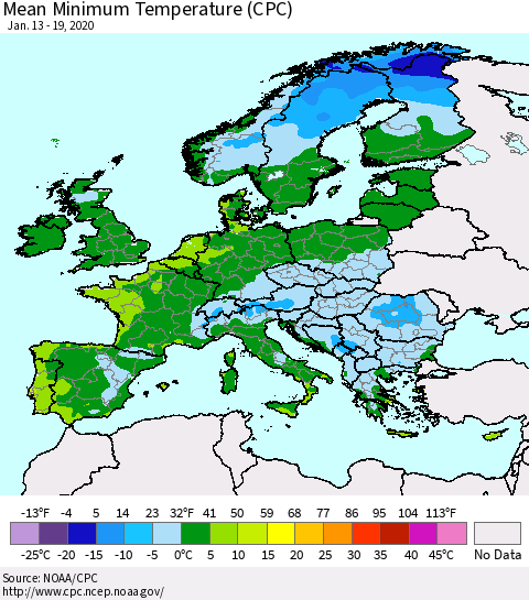 Europe Mean Minimum Temperature (CPC) Thematic Map For 1/13/2020 - 1/19/2020