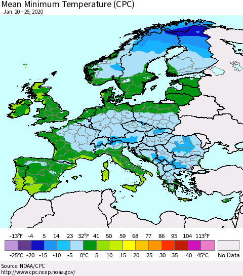Europe Mean Minimum Temperature (CPC) Thematic Map For 1/20/2020 - 1/26/2020