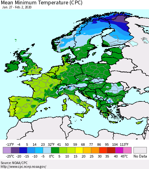 Europe Mean Minimum Temperature (CPC) Thematic Map For 1/27/2020 - 2/2/2020