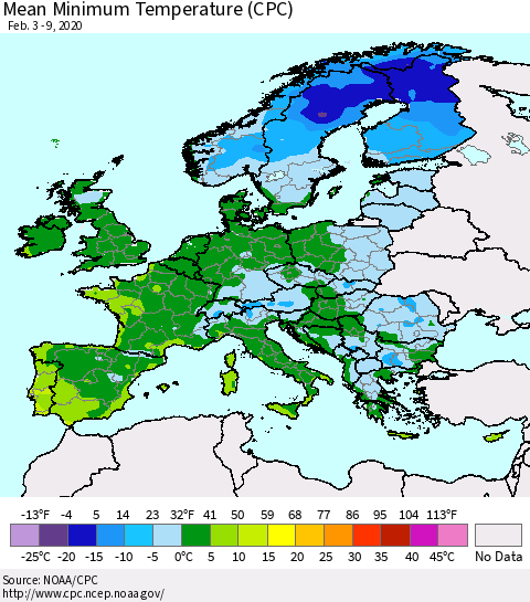 Europe Mean Minimum Temperature (CPC) Thematic Map For 2/3/2020 - 2/9/2020
