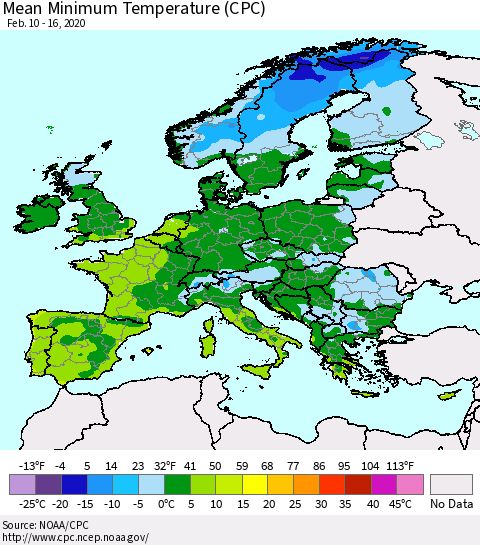 Europe Mean Minimum Temperature (CPC) Thematic Map For 2/10/2020 - 2/16/2020
