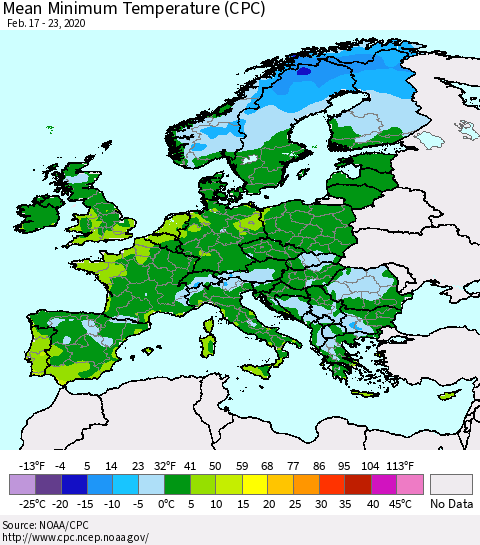 Europe Mean Minimum Temperature (CPC) Thematic Map For 2/17/2020 - 2/23/2020