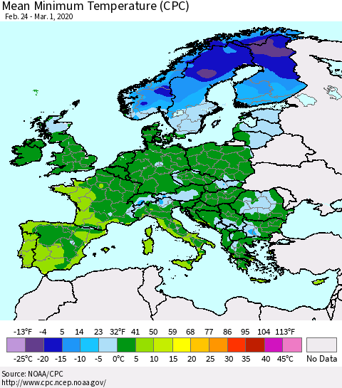 Europe Mean Minimum Temperature (CPC) Thematic Map For 2/24/2020 - 3/1/2020