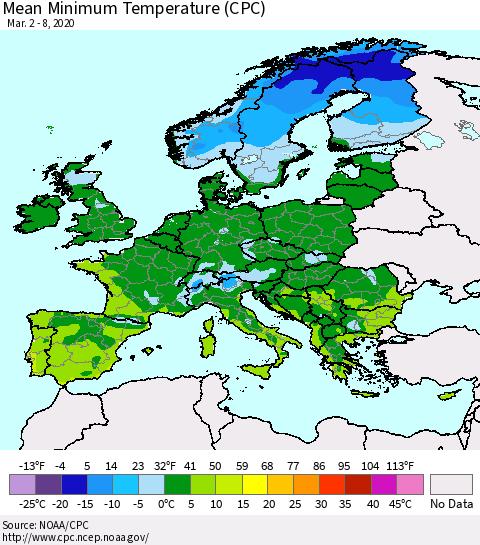 Europe Mean Minimum Temperature (CPC) Thematic Map For 3/2/2020 - 3/8/2020
