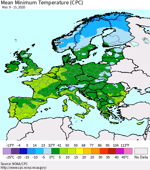 Europe Mean Minimum Temperature (CPC) Thematic Map For 3/9/2020 - 3/15/2020
