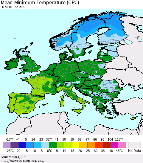 Europe Mean Minimum Temperature (CPC) Thematic Map For 3/16/2020 - 3/22/2020