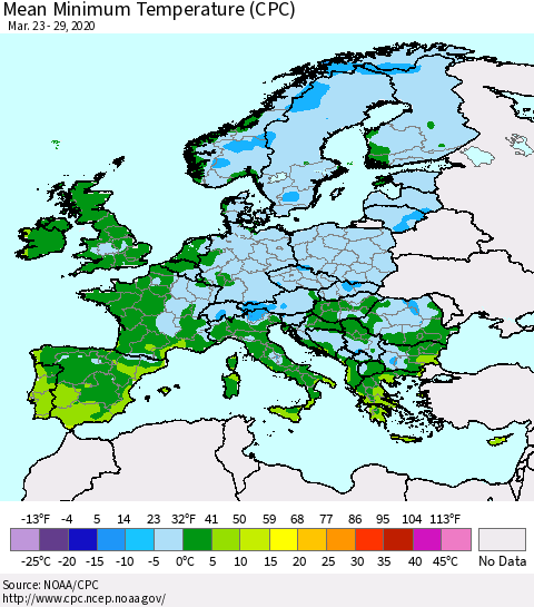 Europe Mean Minimum Temperature (CPC) Thematic Map For 3/23/2020 - 3/29/2020