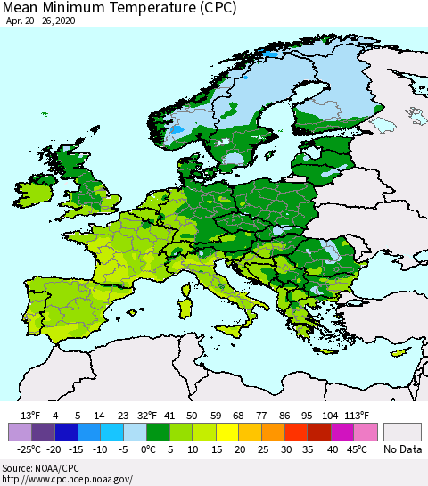 Europe Mean Minimum Temperature (CPC) Thematic Map For 4/20/2020 - 4/26/2020