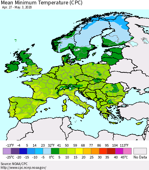 Europe Mean Minimum Temperature (CPC) Thematic Map For 4/27/2020 - 5/3/2020