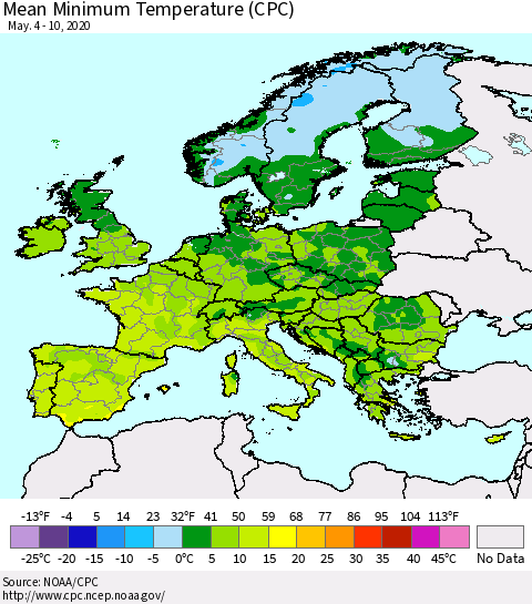 Europe Mean Minimum Temperature (CPC) Thematic Map For 5/4/2020 - 5/10/2020