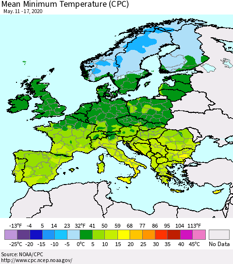 Europe Mean Minimum Temperature (CPC) Thematic Map For 5/11/2020 - 5/17/2020