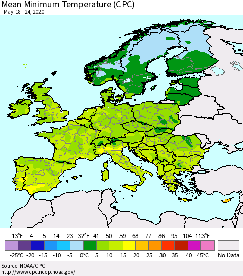 Europe Mean Minimum Temperature (CPC) Thematic Map For 5/18/2020 - 5/24/2020