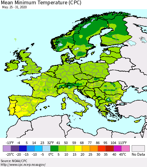 Europe Mean Minimum Temperature (CPC) Thematic Map For 5/25/2020 - 5/31/2020