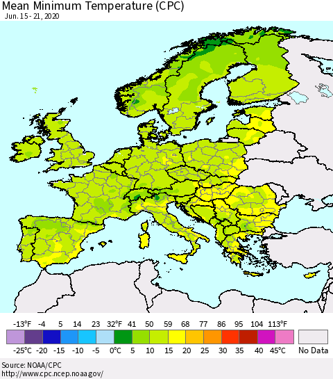Europe Mean Minimum Temperature (CPC) Thematic Map For 6/15/2020 - 6/21/2020