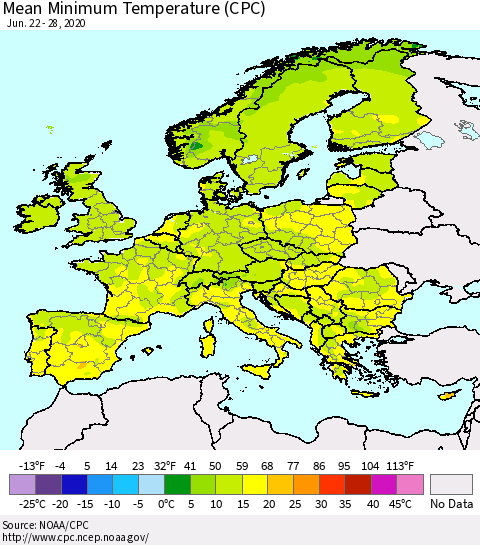 Europe Mean Minimum Temperature (CPC) Thematic Map For 6/22/2020 - 6/28/2020