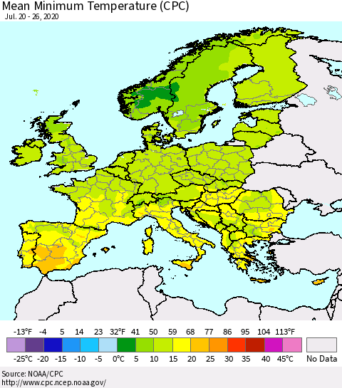 Europe Mean Minimum Temperature (CPC) Thematic Map For 7/20/2020 - 7/26/2020