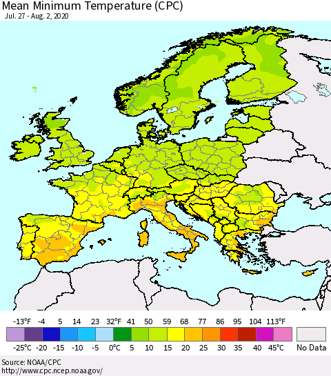 Europe Mean Minimum Temperature (CPC) Thematic Map For 7/27/2020 - 8/2/2020