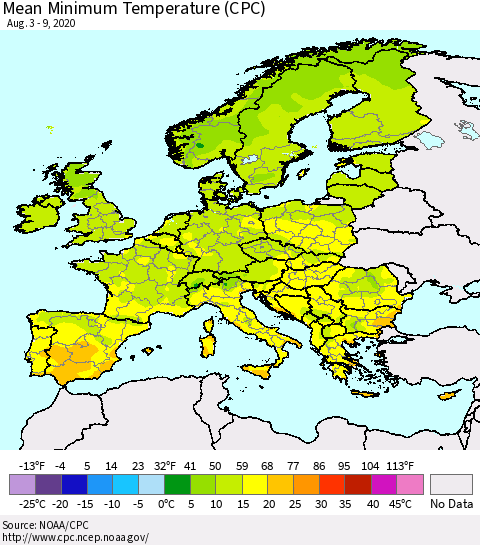 Europe Mean Minimum Temperature (CPC) Thematic Map For 8/3/2020 - 8/9/2020