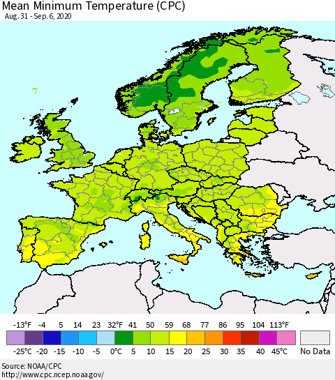Europe Mean Minimum Temperature (CPC) Thematic Map For 8/31/2020 - 9/6/2020