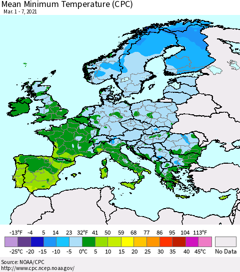 Europe Mean Minimum Temperature (CPC) Thematic Map For 3/1/2021 - 3/7/2021