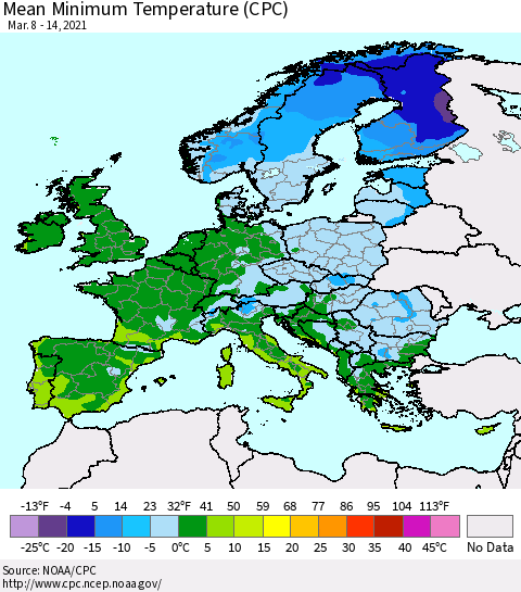 Europe Mean Minimum Temperature (CPC) Thematic Map For 3/8/2021 - 3/14/2021