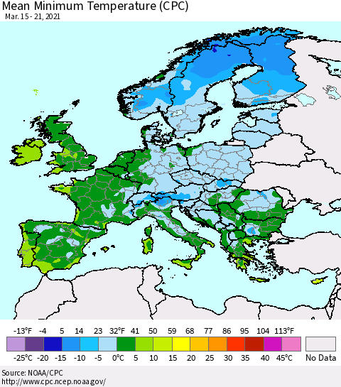 Europe Mean Minimum Temperature (CPC) Thematic Map For 3/15/2021 - 3/21/2021