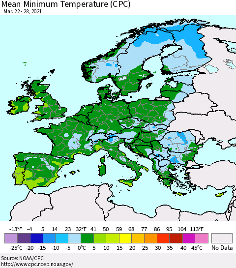 Europe Mean Minimum Temperature (CPC) Thematic Map For 3/22/2021 - 3/28/2021