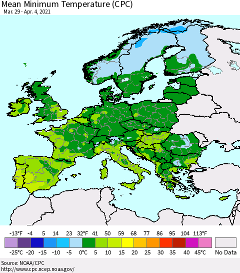 Europe Mean Minimum Temperature (CPC) Thematic Map For 3/29/2021 - 4/4/2021