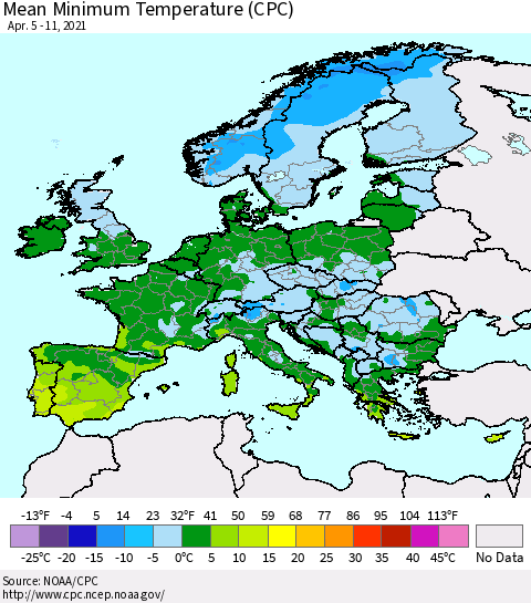 Europe Mean Minimum Temperature (CPC) Thematic Map For 4/5/2021 - 4/11/2021