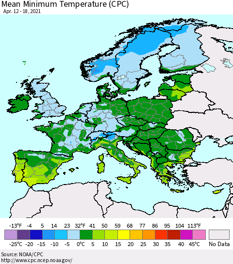 Europe Mean Minimum Temperature (CPC) Thematic Map For 4/12/2021 - 4/18/2021