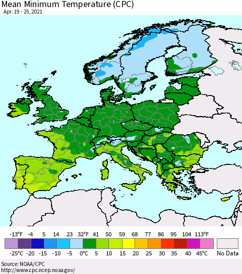 Europe Mean Minimum Temperature (CPC) Thematic Map For 4/19/2021 - 4/25/2021