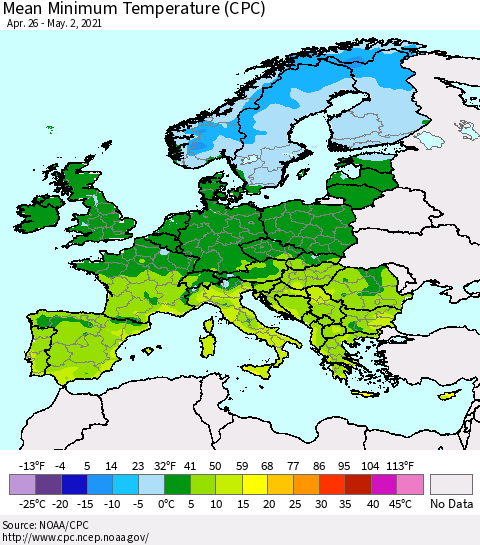 Europe Mean Minimum Temperature (CPC) Thematic Map For 4/26/2021 - 5/2/2021