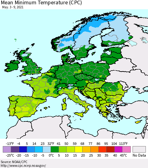 Europe Mean Minimum Temperature (CPC) Thematic Map For 5/3/2021 - 5/9/2021
