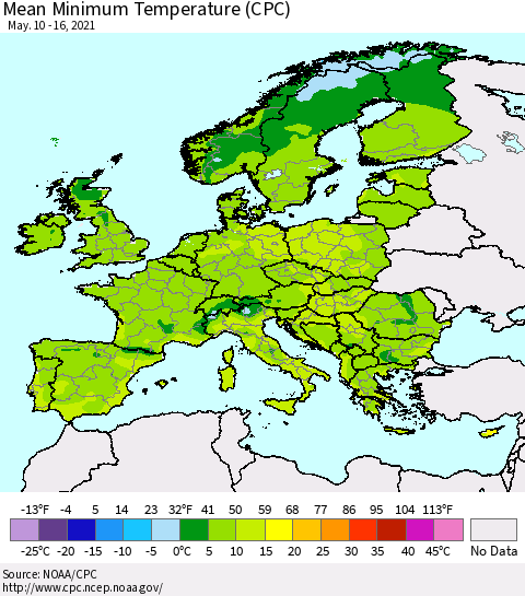 Europe Mean Minimum Temperature (CPC) Thematic Map For 5/10/2021 - 5/16/2021