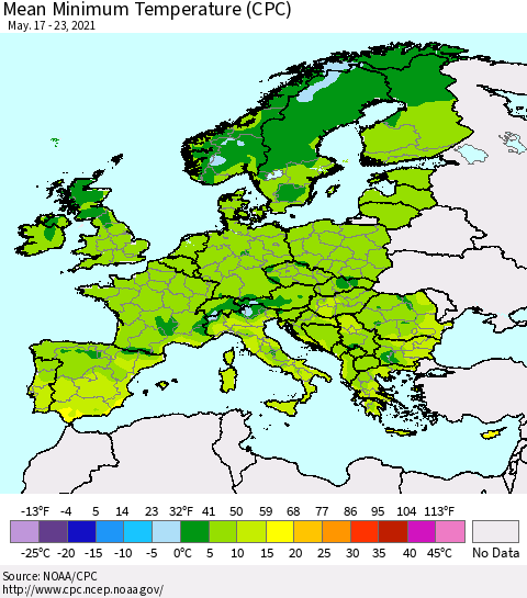 Europe Mean Minimum Temperature (CPC) Thematic Map For 5/17/2021 - 5/23/2021