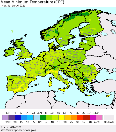 Europe Mean Minimum Temperature (CPC) Thematic Map For 5/31/2021 - 6/6/2021