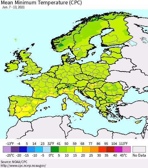 Europe Mean Minimum Temperature (CPC) Thematic Map For 6/7/2021 - 6/13/2021