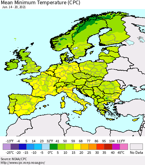 Europe Mean Minimum Temperature (CPC) Thematic Map For 6/14/2021 - 6/20/2021