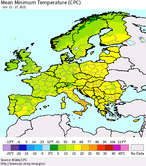 Europe Mean Minimum Temperature (CPC) Thematic Map For 6/21/2021 - 6/27/2021