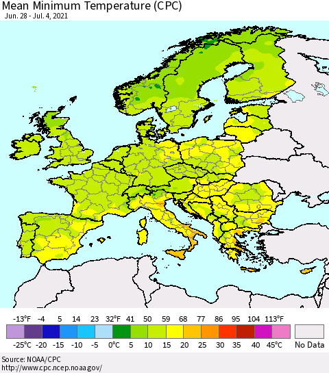 Europe Mean Minimum Temperature (CPC) Thematic Map For 6/28/2021 - 7/4/2021