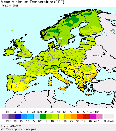 Europe Mean Minimum Temperature (CPC) Thematic Map For 8/2/2021 - 8/8/2021