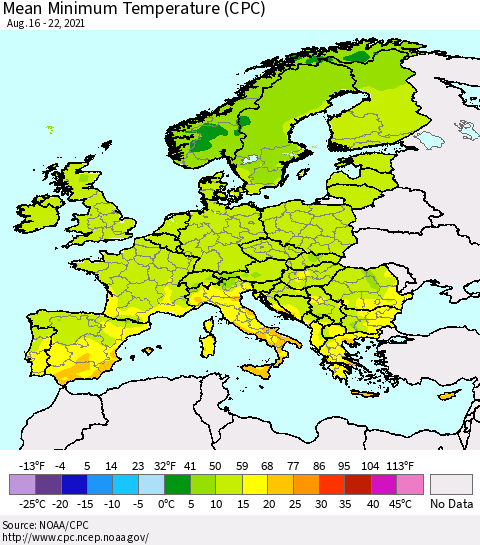Europe Mean Minimum Temperature (CPC) Thematic Map For 8/16/2021 - 8/22/2021