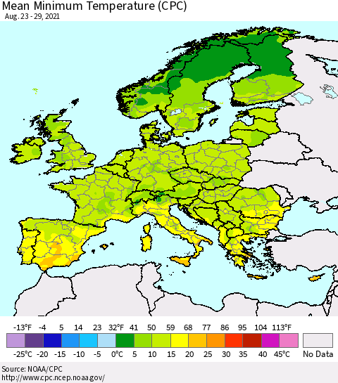 Europe Mean Minimum Temperature (CPC) Thematic Map For 8/23/2021 - 8/29/2021
