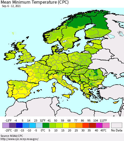 Europe Mean Minimum Temperature (CPC) Thematic Map For 9/6/2021 - 9/12/2021