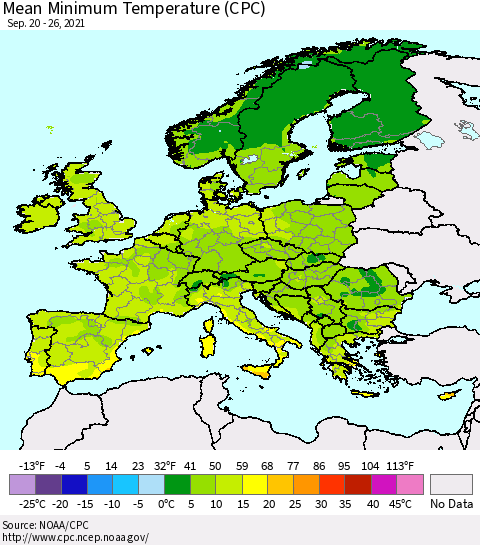 Europe Mean Minimum Temperature (CPC) Thematic Map For 9/20/2021 - 9/26/2021