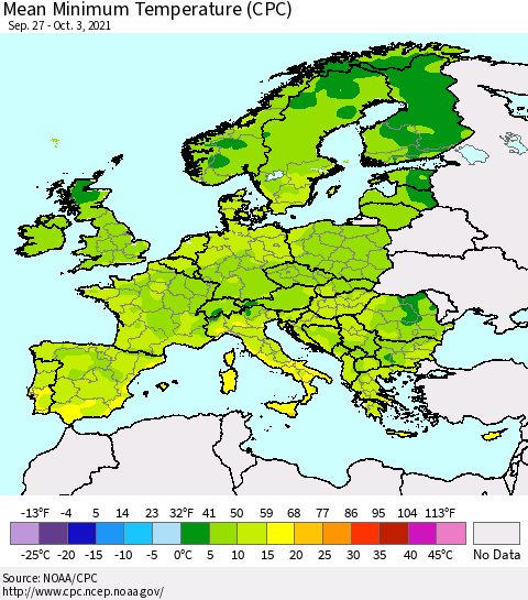 Europe Mean Minimum Temperature (CPC) Thematic Map For 9/27/2021 - 10/3/2021
