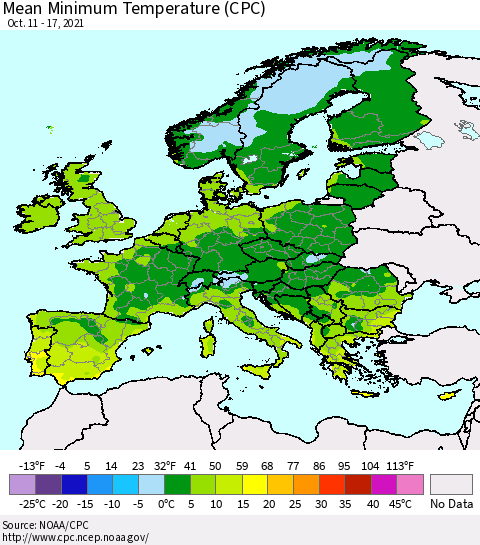 Europe Mean Minimum Temperature (CPC) Thematic Map For 10/11/2021 - 10/17/2021
