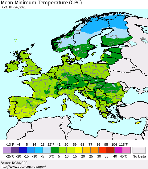Europe Mean Minimum Temperature (CPC) Thematic Map For 10/18/2021 - 10/24/2021